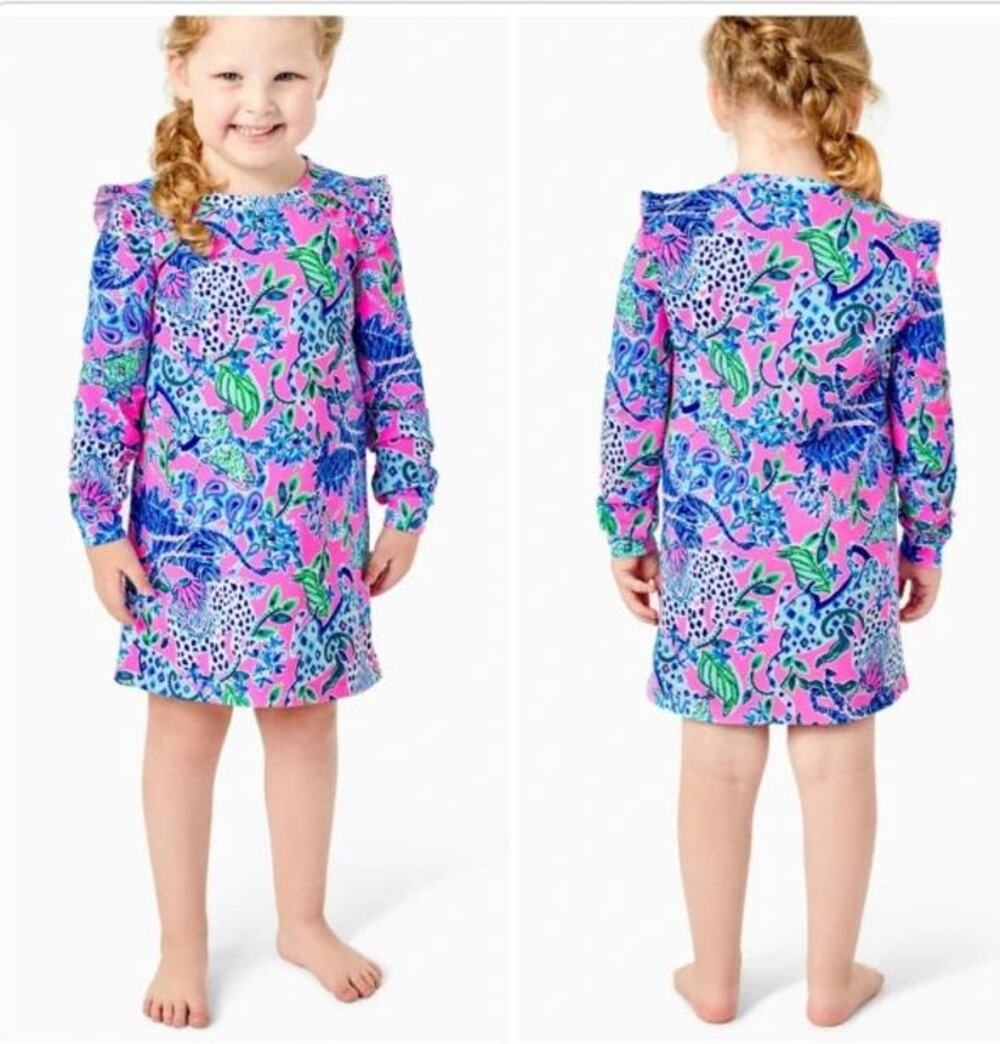 NWOT Lilly Pulitzer Girls Elfrea Ruffle Dress Plumeria Pink Untamed Hearts 8-10